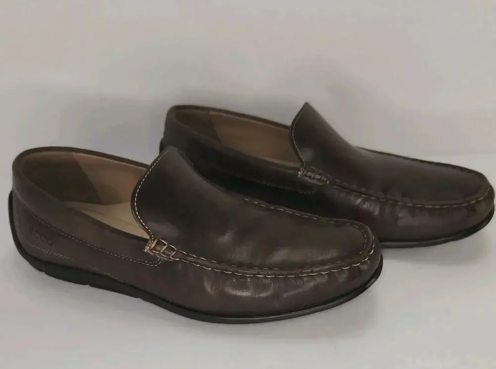 Ecco Leather Driving Slip On Classic Moc Loafer Mens 9 Brown Dress Shoe